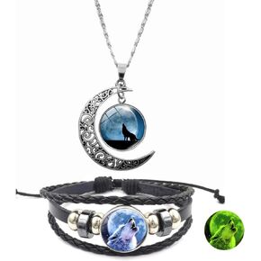 Wolf Necklace Bracelet Geometric Hollow Moon Crescent Necklace Glowing Wolf Time Gem Bracelet Necklace for Women Men Teen Wolf Jewelry Gift