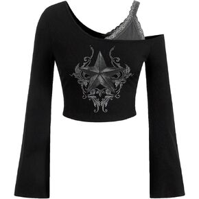 SOLY HUX Women's Y2k Graphic Tees Lace Trim Cold Shoulder Long Sleeve Star Print T Shirt Crop Tops