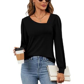 Micoson Women Puff Sleeves Tops Fashion Asymmetrical Neck Shirt Dressy Casual Tunic Blouses S-2XL