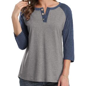 Women 3/4 Sleeve Shirts Casual V Neck Raglan Color Block Tops Button Up Blouse