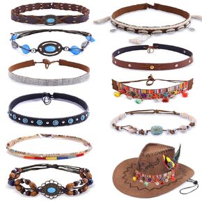 Rionaty 12 Pcs Cowboy Hat Bands Ethnic Western Hat Belts Rural Cowgirl Turquoise Hatbands Beaded Cowboy Hat (Include 2 Hat Feathers)