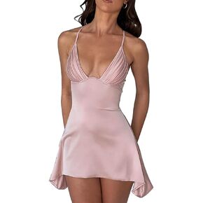 SHESEEWORLD Women's Sexy Sleeveless Spaghetti Strap V Neck Backless Low Cut Cami Dresse Satin Party Mini Dress Clubwear