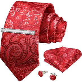 Paisley Floral Mens Ties Classic Necktie Handkerchief Cufflinks Tie Clips Gift Box Formal for Men Set