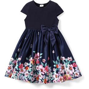 PATPAT Girls Dress Short Sleeve Princess Bowknot Little Big Girl Party Twirly Casual Dresses