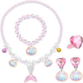 DkakoJew Jewelry Set For Girls Necklace Bracelet Earring ring Set Mermaid Necklace For Girls Jewelry Set Halloween Christmas Birthday Gift