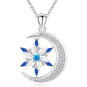 Christmas Snowflake Necklace for Women 925 Sterling Silver Cubic Zirconia Moon Snowflake Pendant Necklace Snowflake Jewelry Christmas Gift for Mom Women Girls
