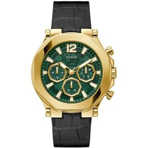 GUESS Men's 46mm Watch - Black Strap Green Dial Gold Tone Case