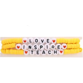 Handmade Bohemian Beaded Teacher Bracelet Colorful Ploymer Clay Love Teach Inspire Beaded Stretch Letter Bracelets for Women Girls Teacher Appreciation Gifts