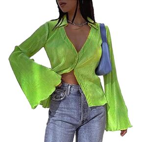 Women's Deep V Neck Shirts Bell Long Sleeve Blouse Casual Button Front Tops