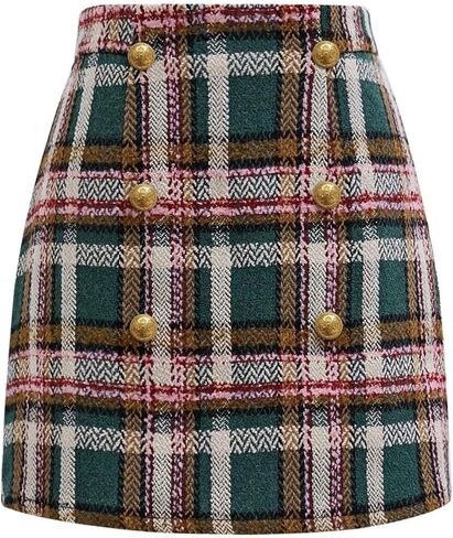CHICWISH Women Wool Plaid Mini Skirt High Waisted Pencil Skirts Short Tight Bodycon Skirt with Golden Buttons in Saudi Arabia