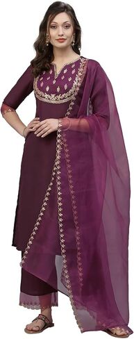 مجموعة كورتا بلازو مستقيمة مطرزة بالشينون للسيدات من SIRIL مع وشاح in Kuwait