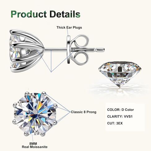 Moissanite Stud Earrings for Women, 1-4ct 18K White Gold Plated Silver Friction Back and Post for Men, D Color VVS1 Lab Created Diamond 8 Prong Earrings in Saudi Arabia