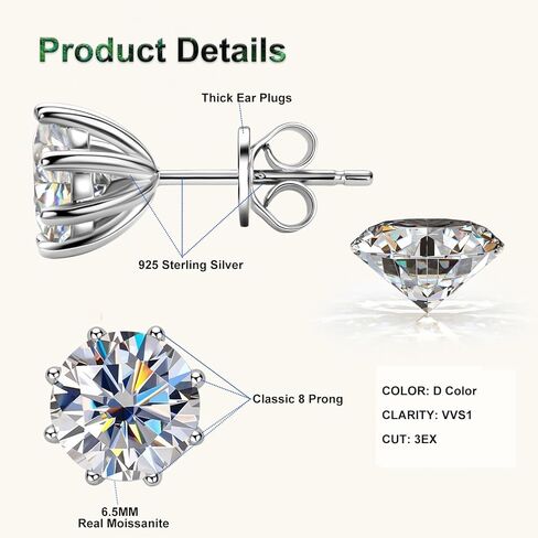 Moissanite Stud Earrings for Women, 1-4ct 18K White Gold Plated Silver Friction Back and Post for Men, D Color VVS1 Lab Created Diamond 8 Prong Earrings in Kuwait