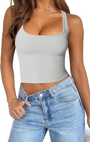 Womens Solid Square Neck Sleevless Crop Tops Summer Casual Basic Racerback Tank Tops in Kuwait