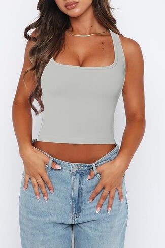 Womens Solid Square Neck Sleevless Crop Tops Summer Casual Basic Racerback Tank Tops in Kuwait