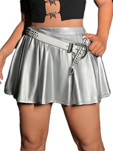 MakeMeChic Women's Plus Size Metallic High Waisted Pleated A Line Mini Skater Skirt in Saudi Arabia