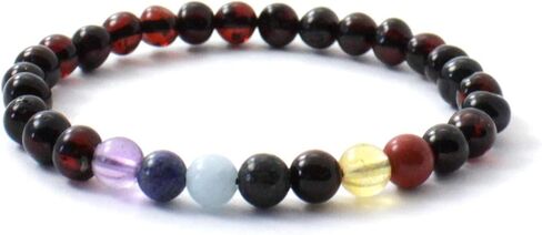 Amber Stretch Bracelet with Semi Precious Stones - for Adults (Men and Women) - 7 Inches Long - Polished Cognac Baltic Amber Beads in Saudi Arabia