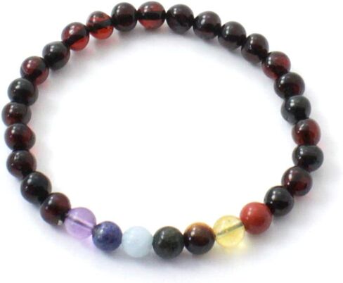 Amber Stretch Bracelet with Semi Precious Stones - for Adults (Men and Women) - 7 Inches Long - Polished Cognac Baltic Amber Beads in Saudi Arabia