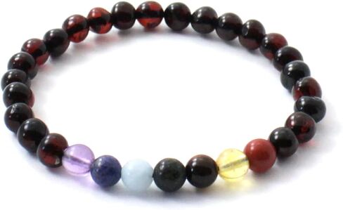 Amber Stretch Bracelet with Semi Precious Stones - for Adults (Men and Women) - 7 Inches Long - Polished Cognac Baltic Amber Beads in Saudi Arabia