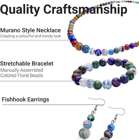 شوب ال سي دليفرنج جوي طقم مجوهرات متعدد الالوان للنساء من الخرز الزجاجي وقلادة وسوار قابل للتمدد واقراط من الستانلس ستيل مقاس 20 انش، هدايا عيد الميلاد، 20، معدن، زجاج مورانو, معدن, زجاج مورانو in Kuwait