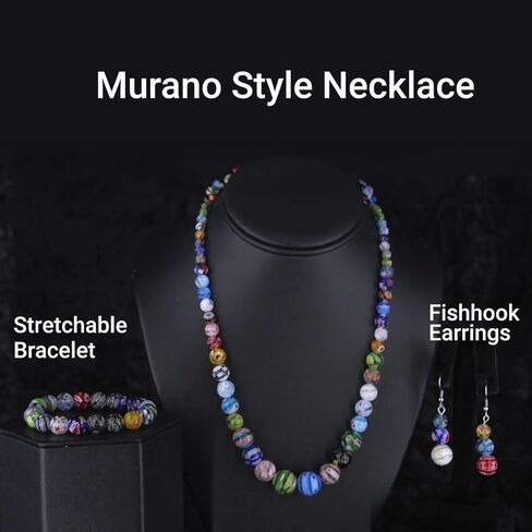 شوب ال سي دليفرنج جوي طقم مجوهرات متعدد الالوان للنساء من الخرز الزجاجي وقلادة وسوار قابل للتمدد واقراط من الستانلس ستيل مقاس 20 انش، هدايا عيد الميلاد، 20، معدن، زجاج مورانو, معدن, زجاج مورانو in Kuwait
