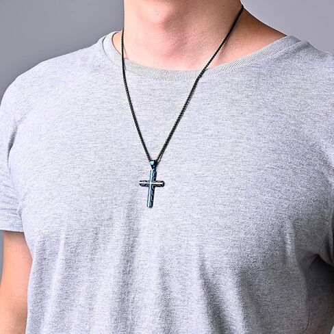 JO WISDOM Black Blue Cross for Men Necklace 316L Stainless Steel Titanium Steel Crucifix Religious Cross Pendant with 24 Inch Pearl Chain 3 MM in Saudi Arabia