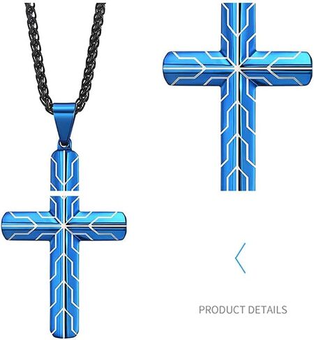 JO WISDOM Black Blue Cross for Men Necklace 316L Stainless Steel Titanium Steel Crucifix Religious Cross Pendant with 24 Inch Pearl Chain 3 MM in Saudi Arabia