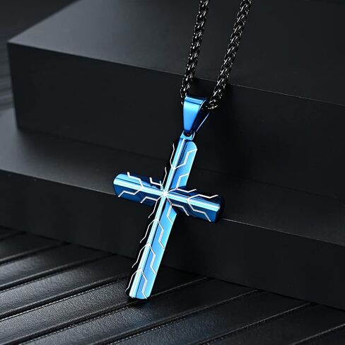 JO WISDOM Black Blue Cross for Men Necklace 316L Stainless Steel Titanium Steel Crucifix Religious Cross Pendant with 24 Inch Pearl Chain 3 MM in Saudi Arabia