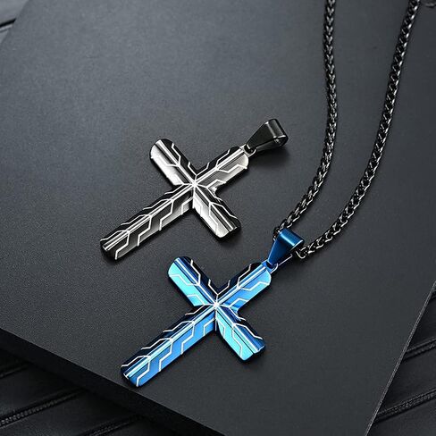 JO WISDOM Black Blue Cross for Men Necklace 316L Stainless Steel Titanium Steel Crucifix Religious Cross Pendant with 24 Inch Pearl Chain 3 MM in Saudi Arabia