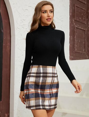 Arssm Women's Plaid Skirt Casual High Waist Bodycon Skirt Pencil Mini Skirt in Kuwait