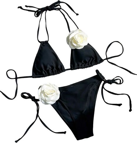 WDIRARA Women's 2 Piece Floral Appliques Swimsuits Halter String Triangle Bikini Set Beach Bathing Suit in Kuwait