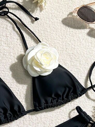 WDIRARA Women's 2 Piece Floral Appliques Swimsuits Halter String Triangle Bikini Set Beach Bathing Suit in Kuwait