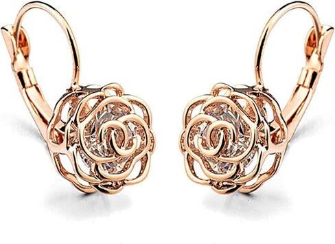 Gold Plated Hollow Style Rose Flower Leverback Earrings with Clear Swarovski Elements Crystal Fashion Jewelry for Women in Kuwait