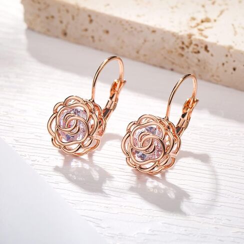Gold Plated Hollow Style Rose Flower Leverback Earrings with Clear Swarovski Elements Crystal Fashion Jewelry for Women in Kuwait