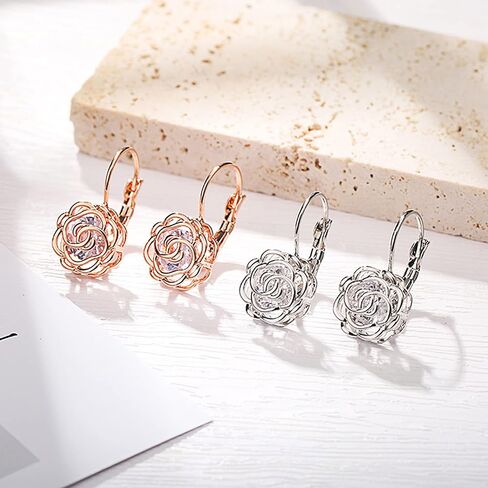 Gold Plated Hollow Style Rose Flower Leverback Earrings with Clear Swarovski Elements Crystal Fashion Jewelry for Women in Kuwait