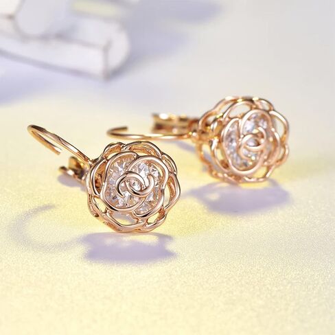 Gold Plated Hollow Style Rose Flower Leverback Earrings with Clear Swarovski Elements Crystal Fashion Jewelry for Women in Kuwait