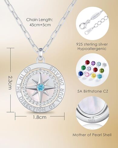 LOUISA SECRET S925 Sterling Silver Birthstone Necklace Gifts for Her, Compass Jewelry Gifts for Women Wedding Anniversary Birthday Gifts for Her Girlfriend, Graduation gift for Daughter Valentines Day in Kuwait