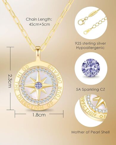 LOUISA SECRET S925 Sterling Silver Birthstone Necklace Gifts for Her, Compass Jewelry Gifts for Women Wedding Anniversary Birthday Gifts for Her Girlfriend, Graduation gift for Daughter Valentines Day in Kuwait