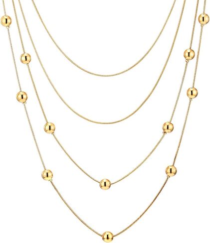 COOLSTEELANDBEYOND Gold Statement Necklace Waterfall Multi-Strand Layered Long Chains with Ball Charm Pendant in Saudi Arabia