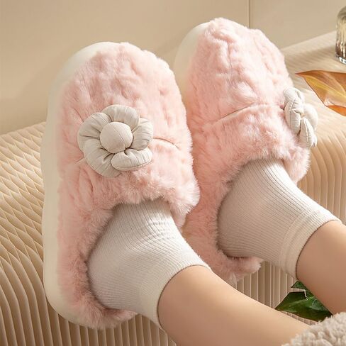 House Slippers for Women, Cute Flower Slippers Non-Slip Platform Slippers Indoor Comfy Fluffy Plush Winter Warm Home Shoes Christmas Gift 5.5-10 in Saudi Arabia