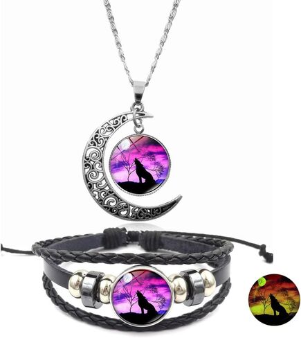 Wolf Necklace Bracelet Geometric Hollow Moon Crescent Necklace Glowing Wolf Time Gem Bracelet Necklace for Women Men Teen Wolf Jewelry Gift in Saudi Arabia
