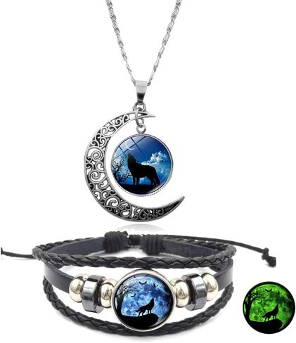 Wolf Necklace Bracelet Geometric Hollow Moon Crescent Necklace Glowing Wolf Time Gem Bracelet Necklace for Women Men Teen Wolf Jewelry Gift in Saudi Arabia