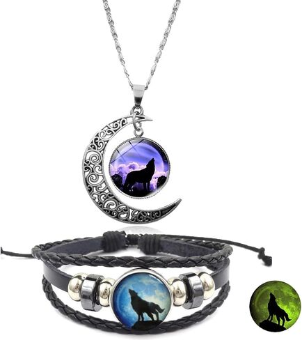 Wolf Necklace Bracelet Geometric Hollow Moon Crescent Necklace Glowing Wolf Time Gem Bracelet Necklace for Women Men Teen Wolf Jewelry Gift in Saudi Arabia