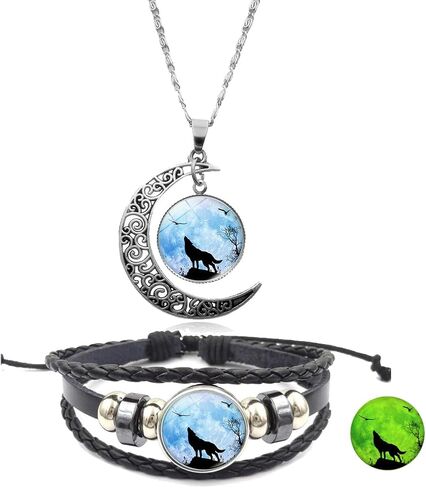 Wolf Necklace Bracelet Geometric Hollow Moon Crescent Necklace Glowing Wolf Time Gem Bracelet Necklace for Women Men Teen Wolf Jewelry Gift in Saudi Arabia