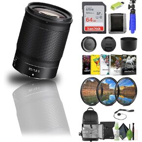 عدسة NIKKOR Z مقاس 85 مم وببؤرة f/1.8 S لكاميرات Nikon Z (20090) + بطاقة ذاكرة سعة 64 جيجابايت + طقم مرشح + حقيبة ظهر + قارئ بطاقات + برنامج Corel للصور + حامل ثلاثي القوائم مرن + محفظة ذاكرة + حافظة للغطاء + المزيد