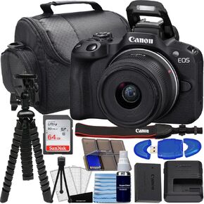 Canon EOS R50 Mirrorless Camera w/RF-S 18-45mm f/4.5-6.3 is STM Lens Bundle with SanDisk 64GB Memory Card, 12"" Flex Tripod, High Speed Card Reader + Photo Kit (24 Items) (Renewed), Black