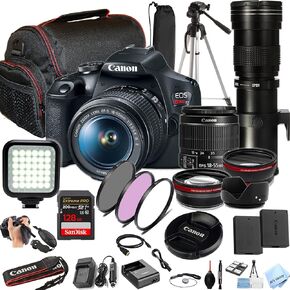 Canon EOS Rebel T7 w/ 18-55mm Lens + 420-800mm Super Telephoto Lens + 128GB Extreme Speed Card, LED Video Light, Camera Case, Tripod,Spare Battery, Filter Kit, and More (Essential DSLR Kit) (Renewed)