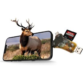 Hunting Trail Camera Viewer, 4 in 1 SD/TF Card Reader, Plug N Play Game Cam Reader for Checking Wildlife Photos Videos, Compatible for Android/iPhone/Type-C/USB, Ideal for Hunters/Photographer