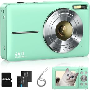 كاميرا رقمية للأطفال FHD 1080P مع بطاقة سعة 32 جيجابايت، بطاريتان، حبل قصير، تكبير 16X مضاد للاهتزاز، كاميرات صغيرة محمولة بدقة 44 ميجابكسل هدية للأطفال الطلاب والمراهقين والبنات (أخضر فاتح)