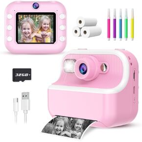 Instant Print Camera for Kids, Christmas Birthday Gifts for Girls Boys, HD Dual Digital Video Cameras for Kids, Portable Toy for 4 5 6 7 8 9 10 Year Old Girl with 3 Rolls Paper and 32GB SD Card-White